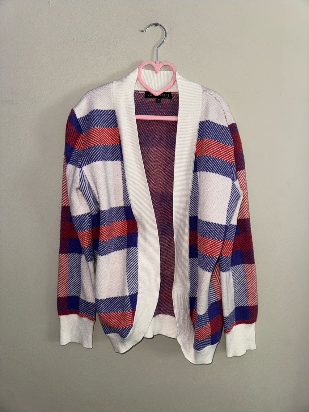 Open-Front Plaid Cardigan Sweater - White, Red & Blue